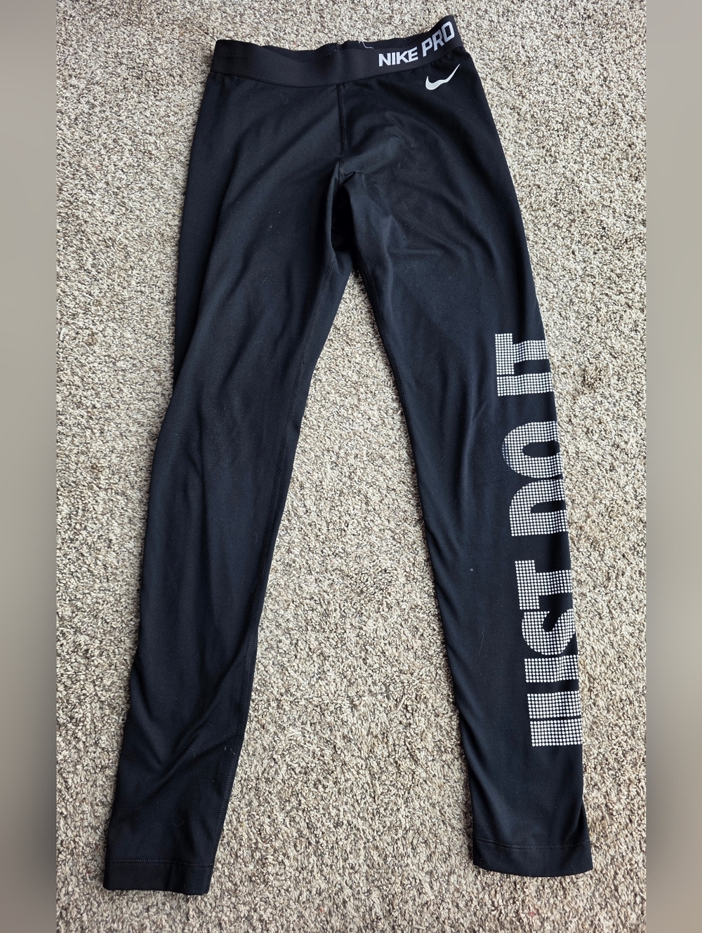 Nike Pro Black Leggings with White 'Just Do It' Side Print Size Medium